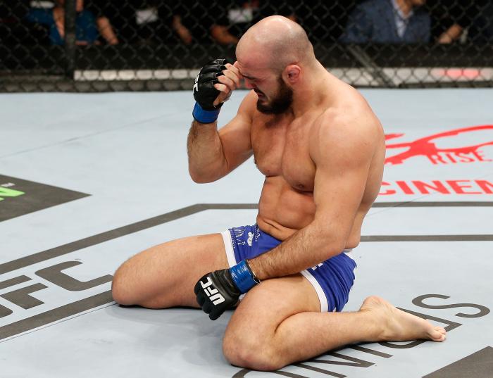 LONDON, ENGLAND - MARCH 08:  Ilir Latifi reacts after his submission victory over Cyrille Diabate in their light heavyweight fight during the UFC Fight Night London event at the O2 Arena on March 8, 2014 in London, England. (Photo by Josh Hedges/Zuffa LLC via Getty Images)