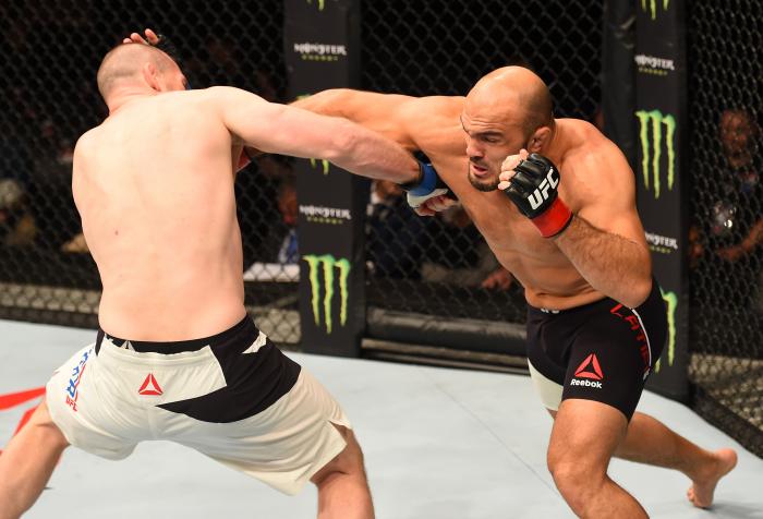 GLASGOW, SCOTLAND - JULY 18:  (R-L) Ilir Latifi of Sweden punches Hans Stringer of the Netherlands in their light heavyweight fight during the UFC Fight Night event inside the SSE Hydro on July 18, 2015 in Glasgow, Scotland.  (Photo by Josh Hedges/Zuffa LLC via Getty Images)