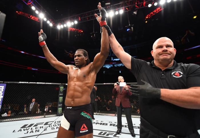 ORLANDO, FL - DECEMBER 19:   Francis Ngannou celebrates his knockout victory over Luis Henrique in their heavyweight bout during the UFC Fight Night event at the Amway Center on December 19, 2015 in Orlando, Florida. (Photo by Josh Hedges/Zuffa LLC via Getty Images)