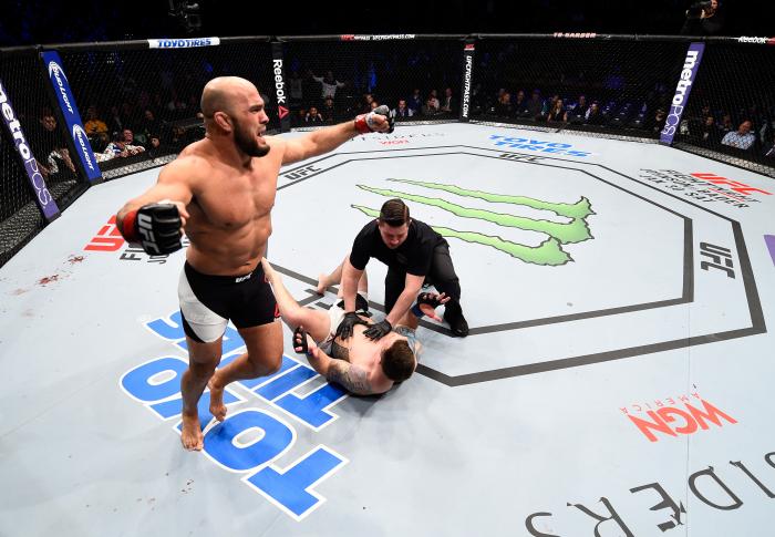 BOSTON, MA - JANUARY 17:  Ilir Latifi of Sweden celebrates after his TKO victory over Sean OConnell in their light heavyweight bout during the UFC Fight Night event inside TD Garden on January 17, 2016 in Boston, Massachusetts. (Photo by Jeff Bottari/Zuffa LLC via Getty Images)