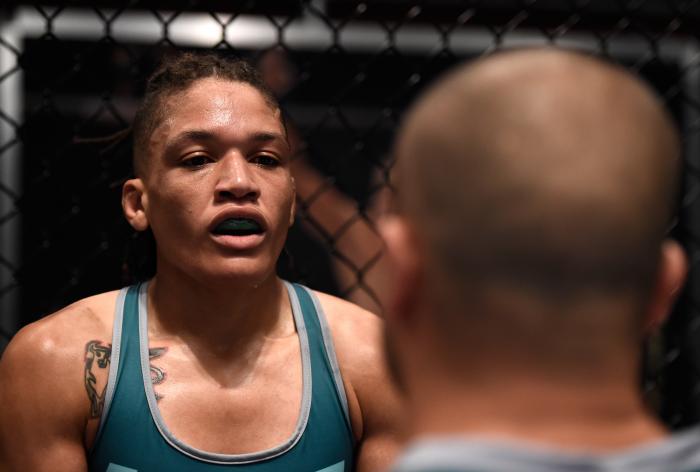 LAS VEGAS, NV - JULY 31:  Sijara Eubanks receives advice form her corner in between rounds while facing Maia Stevenson during the filming of The Ultimate Fighter: A New World Champion at the UFC TUF Gym on July 31, 2017 in Las Vegas, Nevada. (Photo by Brandon Magnus/Zuffa LLC via Getty Images)