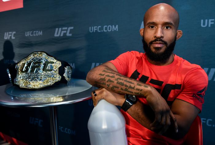 LAS VEGAS, NV - OCTOBER 04: UFC flyweight champion Demetrious Johnson poses for a portrait during the UFC 216 Ultimate Media Day on October 4, 2017 in Las Vegas, Nevada. (Photo by Brandon Magnus/Zuffa LLC/Zuffa LLC via Getty Images)