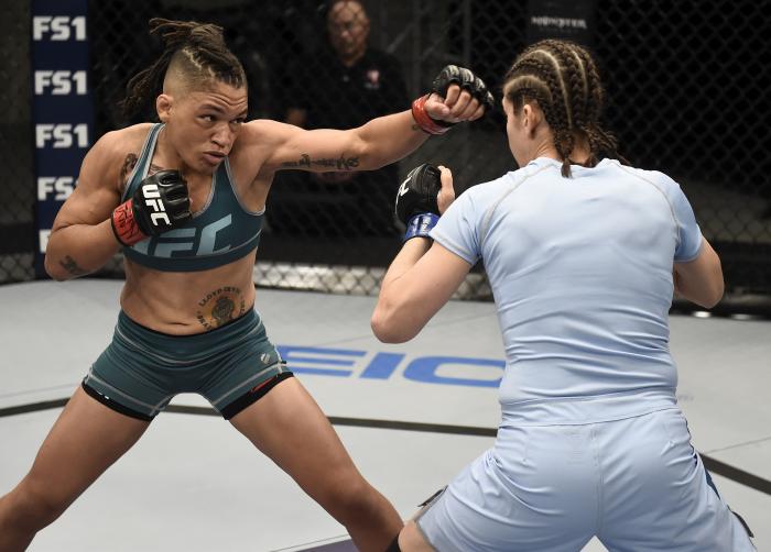 LAS VEGAS, NV - AUGUST 18:  (L-R) Sijara Eubanks punches Roxanne Modafferi during the filming of The Ultimate Fighter: A New World Champion at the UFC TUF Gym on August 18, 2017 in Las Vegas, Nevada. (Photo by Brandon Magnus/Zuffa LLC via Getty Images)