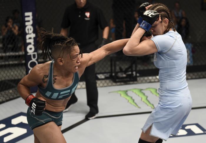 LAS VEGAS, NV - AUGUST 18:  (L-R) Sijara Eubanks punches Roxanne Modafferi during the filming of The Ultimate Fighter: A New World Champion at the UFC TUF Gym on August 18, 2017 in Las Vegas, Nevada. (Photo by Brandon Magnus/Zuffa LLC via Getty Images)