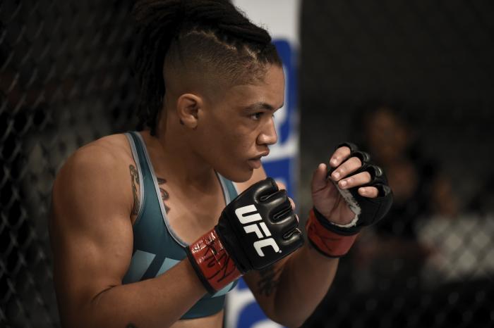 LAS VEGAS, NV - AUGUST 18:  Sijara Eubanks prepares for the first round to begin before facing Roxanne Modafferi during the filming of The Ultimate Fighter: A New World Champion at the UFC TUF Gym on August 18, 2017 in Las Vegas, Nevada. (Photo by Brandon Magnus/Zuffa LLC via Getty Images)