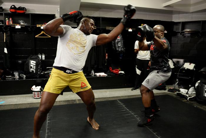 BOSTON, MA - JANUARY 20:  Francis Ngannou of Cameroon warms up backstage prior to his bout against Stipe Miocic during the UFC 220 event at TD Garden on January 20, 2018 in Boston, Massachusetts. (Photo by Mike Roach/Zuffa LLC via Getty Images)