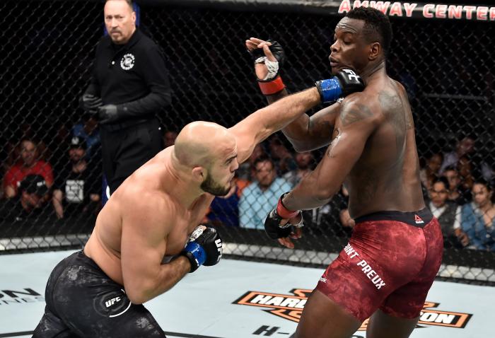 ORLANDO, FL - FEBRUARY 24:  (L-R) Ilir Latifi of Sweden punches Ovince Saint Preux in their light heavyweight bout during the UFC Fight Night event at Amway Center on February 24, 2018 in Orlando, Florida.  (Photo by Jeff Bottari/Zuffa LLC via Getty Images)