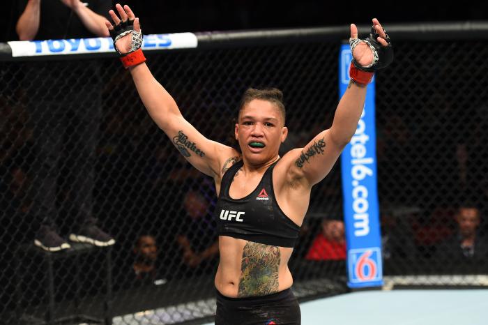 UTICA, NY - JUNE 01:  Sijara Eubanks reacts after finishing three rounds against Lauren Murphy in their women's flyweight fight during the UFC Fight Night event at the Adirondack Bank Center on June 1, 2018 in Utica, New York. (Photo by Josh Hedges/Zuffa LLC via Getty Images)