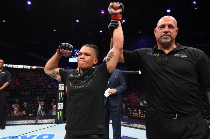 UTICA, NY - JUNE 01:  Sijara Eubanks celebrates after defeating Lauren Murphy in their women's flyweight fight during the UFC Fight Night event at the Adirondack Bank Center on June 1, 2018 in Utica, New York. (Photo by Josh Hedges/Zuffa LLC via Getty Images)