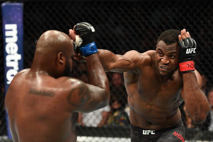 Francis Ngannou punches Derrick Lewis in their heavyweight fight during the UFC 226 event inside T-Mobile Arena on July 7, 2018 in Las Vegas, Nevada.