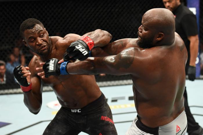 Francis Ngannou punches Derrick Lewis in their heavyweight fight during the UFC 226 event inside T-Mobile Arena on July 7, 2018 in Las Vegas, Nevada.