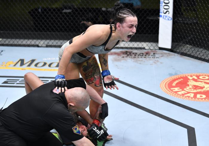 Casey O'Neill of Australia reacts after her victory over Shana Dobson in a flyweight bout during the UFC Fight Night event at UFC APEX on February 20, 2021 in Las Vegas, Nevada. (Photo by Chris Unger/Zuffa LLC)