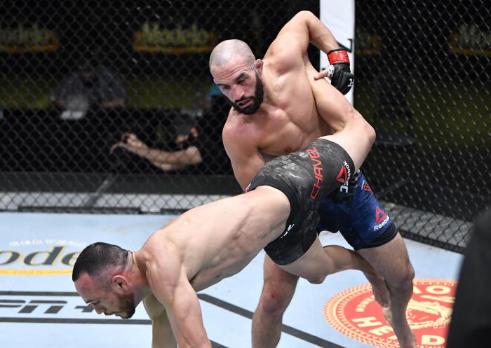 Jared Gordon takes down Danny Chavez in a featherweight bout during the UFC Fight Night event at UFC APEX on February 20, 2021 in Las Vegas, Nevada. (Photo by Chris Unger/Zuffa LLC)