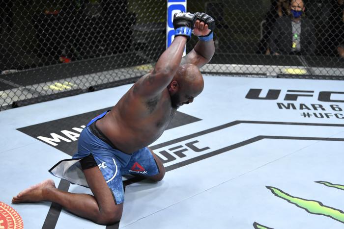 Derrick Lewis reacts after his knockout victory over Curtis Blaydes in a heavyweight bout during the UFC Fight Night event at UFC APEX on February 20, 2021 in Las Vegas, Nevada. (Photo by Chris Unger/Zuffa LLC)