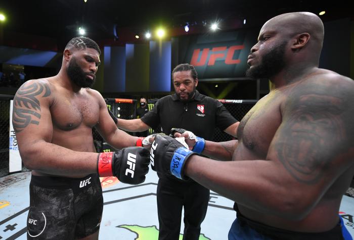 Curtis Blaydes and Derrick Lewis face off prior to their heavyweight bout during the UFC Fight Night event at UFC APEX on February 20, 2021 in Las Vegas, Nevada. (Photo by Chris Unger/Zuffa LLC)