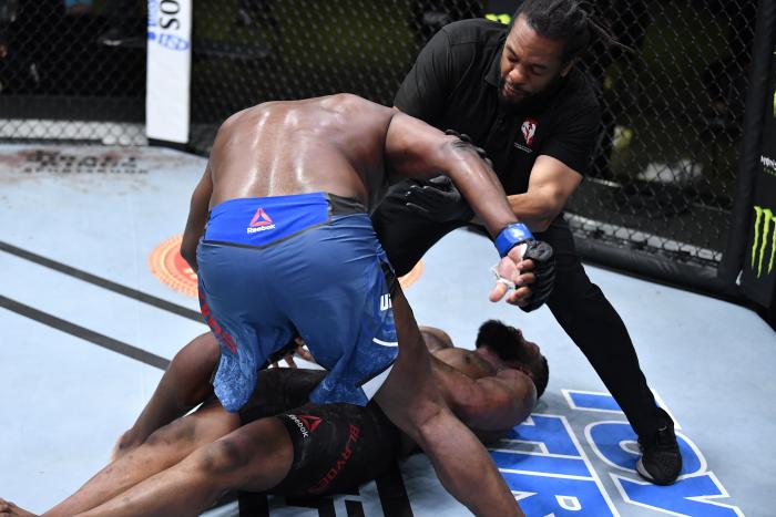 Derrick Lewis knocks out Curtis Blaydes in a heavyweight bout during the UFC Fight Night event at UFC APEX on February 20, 2021 in Las Vegas, Nevada. (Photo by Chris Unger/Zuffa LLC)