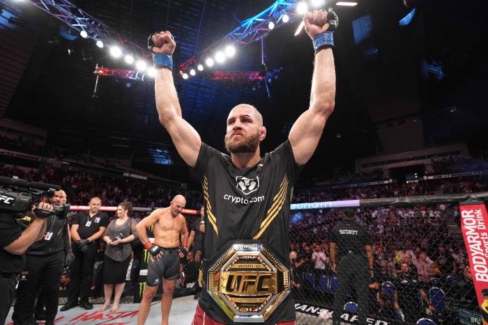 Jiri Prochazka celebrates after his submission victory over Glover Teixeira at UFC 275