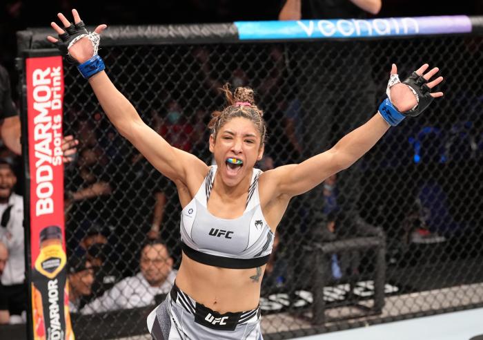 Silvana Gomez Juarez reacts after her victory over Liang Na at UFC 275