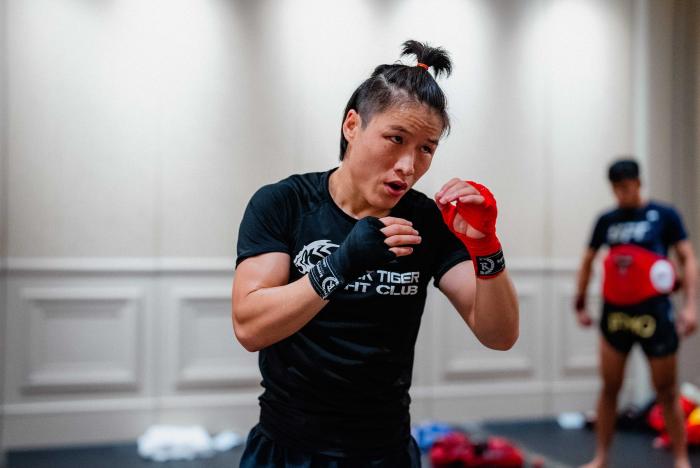 Zhang Weili trains for UFC 275 in Singapore on June 8, 2022. (Photo by Zac Pacleb/Zuffa LLC)