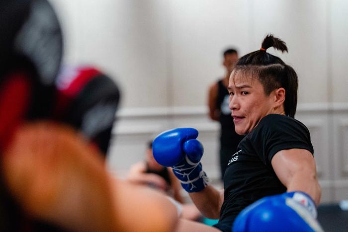 Zhang Weili trains for UFC 275 in Singapore on June 8, 2022. (Photo by Zac Pacleb/Zuffa LLC)