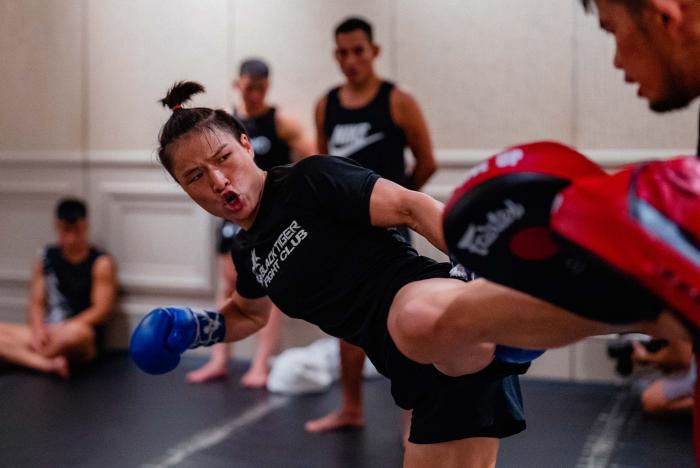 Zhang Weili trains for UFC 275 in Singapore on June 8, 2022. (Photo by Zac Pacleb/Zuffa LLC)