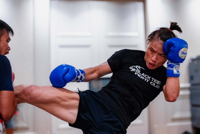 Zhang Weili trains for UFC 275 in Singapore on June 8, 2022. (Photo by Zac Pacleb/Zuffa LLC)