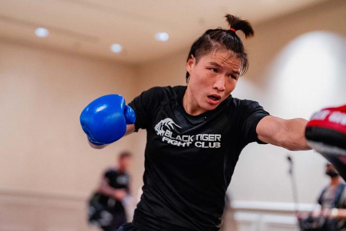 Zhang Weili trains for UFC 275 in Singapore on June 8, 2022. (Photo by Zac Pacleb/Zuffa LLC)