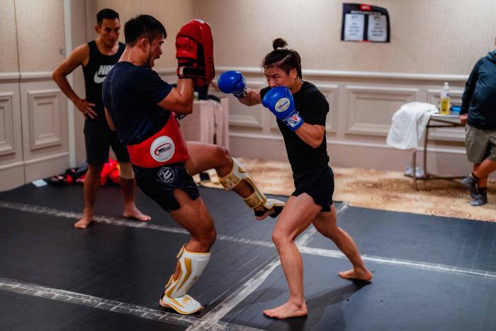 Zhang Weili trains for UFC 275 in Singapore on June 8, 2022. (Photo by Zac Pacleb/Zuffa LLC)