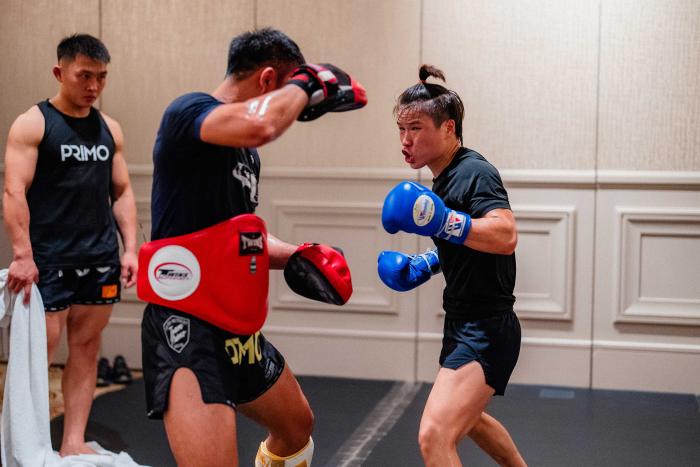 Zhang Weili trains for UFC 275 in Singapore on June 8, 2022. (Photo by Zac Pacleb/Zuffa LLC)