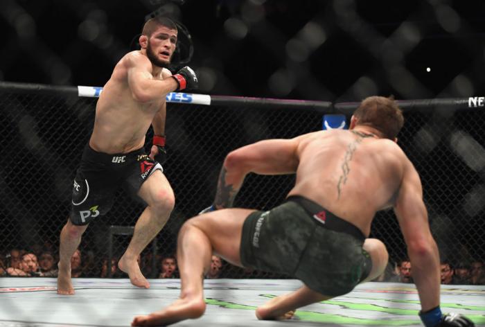 LAS VEGAS, NV - OCTOBER 06: Khabib Nurmagomedov of Russia (L) chases down Conor McGregor of Ireland in their UFC lightweight championship bout during the UFC 229 event inside T-Mobile Arena on October 6, 2018 in Las Vegas, Nevada. (Photo by Harry How/Ge