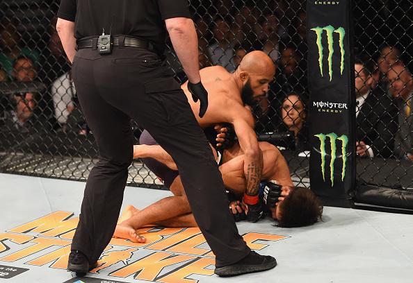 LAS VEGAS, NV - APRIL 23: (L-R) Demetrious Johnson punches Henry Cejudo in their flyweight championship bout during the UFC 197 event inside MGM Grand Garden Arena on April 23, 2016 in Las Vegas, Nevada. (Photo by Josh Hedges/Zuffa LLC/Zuffa LLC via Get