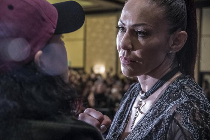 Cris Cyborg face off Amanda Nunes at the UFC 232 press conference