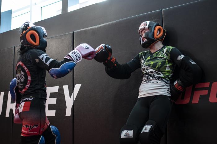 Invicta FC fighter Montserrat “Conejo” Ruiz training with UFC flyweight champion Valentina Shevchenko