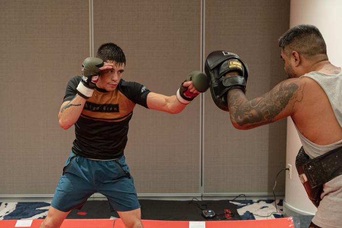 07/27/22 DALLAS, TEXAS - Brandon Moreno prepares in the host hotel for his flyweight interim championship bout against Kai Kara-France at UFC 277 on Saturday, July 30, 2022 in Dallas, Texas. (Photo by Roberto Ortuño) 