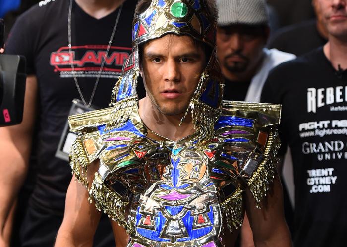 MEXICO CITY, MEXICO - JUNE 13: Henry Cejudo of the United States prepares to enter the Octagon before facing Chico Camus of the United States in their flyweight bout during the UFC 188 event at the Arena Ciudad de Mexico on June 13, 2015 in Mexico City,