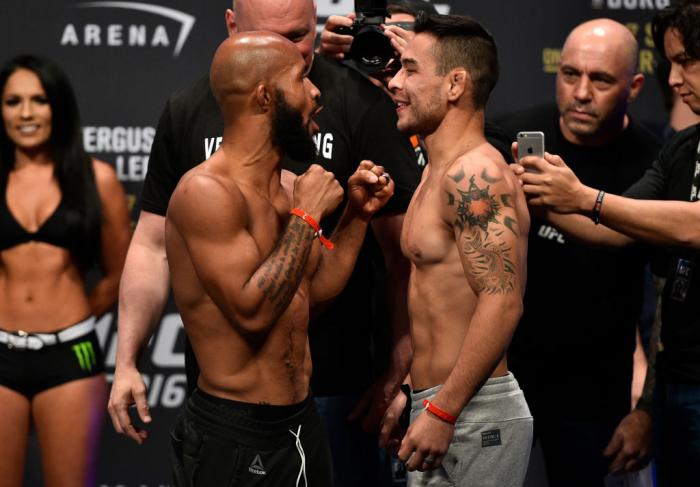 LAS VEGAS, NV - OCTOBER 06: (L-R) UFC flyweight champion Demetrious Johnson and Ray Borg face off during the UFC 216 weigh-in inside T-Mobile Arena on October 6, 2017 in Las Vegas, Nevada. (Photo by Jeff Bottari/Zuffa LLC/Zuffa LLC via Getty Images)