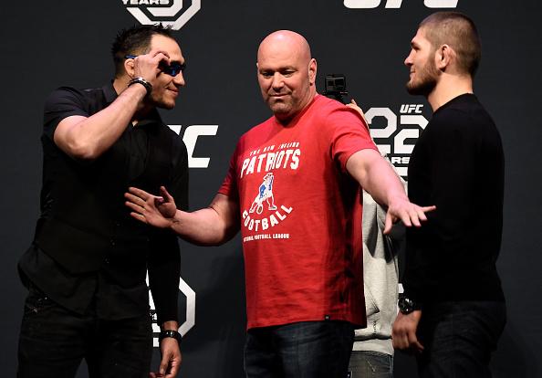 BOSTON, MA - JANUARY 19:   (L-R) Opponents Tony Ferguson and Khabib Nurmagomedov face off during the UFC press conference at TD Garden on January 19, 2018 in Boston, Massachusetts. (Photo by Jeff Bottari/Zuffa LLC/Zuffa LLC via Getty Images)