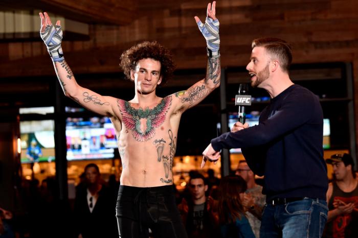 Sean O'Malley (L) is interviewed by UFC host Matt Parrino during the UFC 222 Open Workouts at MGM Grand Hotel & Casino on March 1, 2018 in Las Vegas, Nevada. (Photo by Jeff Bottari/Zuffa LLC/Zuffa LLC via Getty Images)