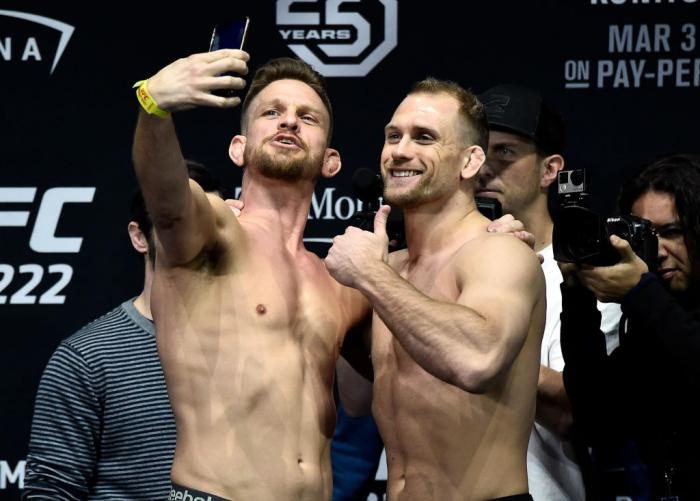 LAS VEGAS, NV - MARCH 02: (L-R) Mike Pyle and Zak Ottow face off during a UFC 222 weigh-in on March 2, 2018 in Las Vegas, Nevada. (Photo by Jeff Bottari/Zuffa LLC)