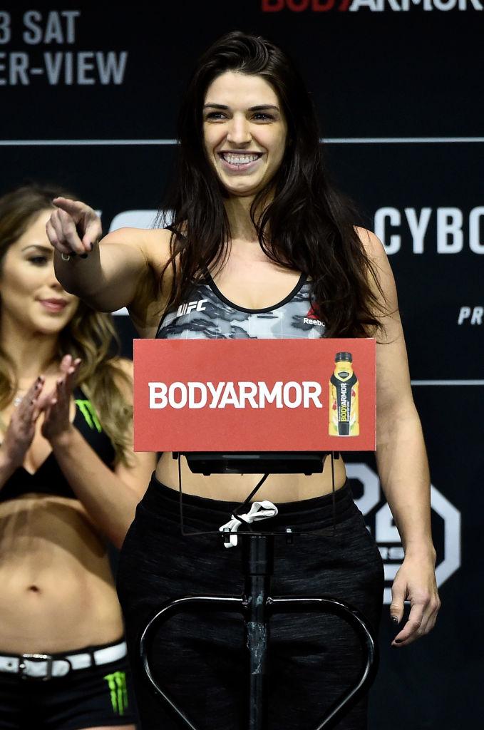 LAS VEGAS, NV - MARCH 02: Mackenzie Dern poses on the scale during a UFC 222 weigh-in on March 2, 2018 in Las Vegas, Nevada. (Photo by Jeff Bottari/Zuffa LLC)