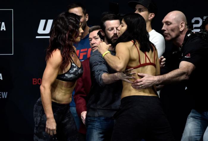 LAS VEGAS, NV - MARCH 02:   (L-R) Cat Zingano and Ketlen Vieira of Brazil face off during a UFC 222 weigh-in on March 2, 2018 in Las Vegas, Nevada. (Photo by Jeff Bottari/Zuffa LLC)