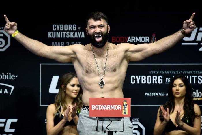 LAS VEGAS, NV - MARCH 02:   Andrei Arlovski of Belarus poses on the scale during a UFC 222 weigh-in on March 2, 2018 in Las Vegas, Nevada. (Photo by Jeff Bottari/Zuffa LLC)