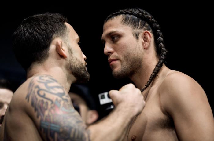 LAS VEGAS, NV - MARCH 02:   (L-R) Frankie Edgar and Brian Ortega face off during a UFC 222 weigh-in on March 2, 2018 in Las Vegas, Nevada. (Photo by Brandon Magnus/Zuffa LLC)