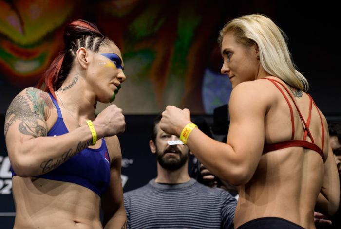 LAS VEGAS, NV - MARCH 02:   (L-R) Cris Cyborg of Brazil and Yana Kunitskaya of Russia face off during a UFC 222 weigh-in on March 2, 2018 in Las Vegas, Nevada. (Photo by Brandon Magnus/Zuffa LLC)