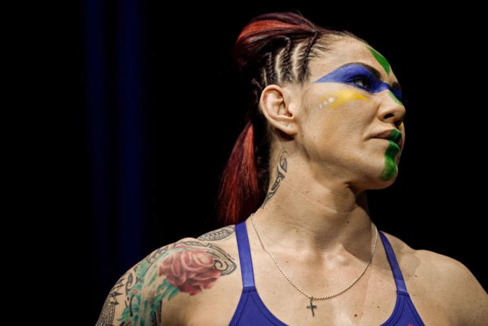 LAS VEGAS, NV - MARCH 02:   Cris Cyborg of Brazil poses on the scale during a UFC 222 weigh-in on March 2, 2018 in Las Vegas, Nevada. (Photo by Brandon Magnus/Zuffa LLC)