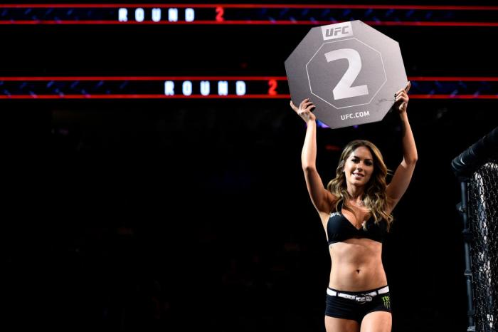 LAS VEGAS, NV - MARCH 03:   UFC Octagon Girl Brittney Palmer introduces a round during the UFC 222 event inside T-Mobile Arena on March 3, 2018 in Las Vegas, Nevada. (Photo by Brandon Magnus/Zuffa LLC)