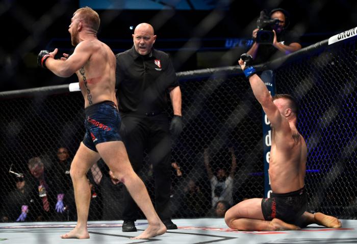 LAS VEGAS, NV - MARCH 03: (L-R) Bryan Caraway and Cody Stamann both react after the conclusion of their bantamweight bout during the UFC 222 event inside T-Mobile Arena on March 3, 2018 in Las Vegas, Nevada. (Photo by Brandon Magnus/Zuffa LLC)