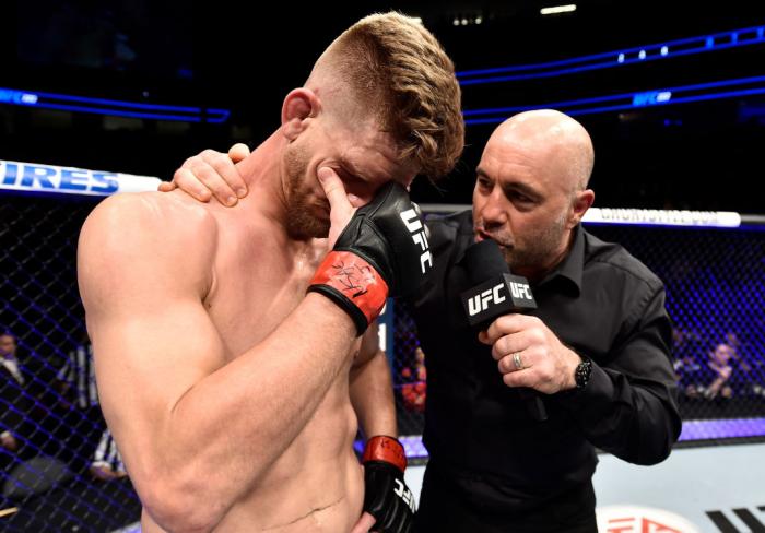 LAS VEGAS, NV - MARCH 03:   Mike Pyle reacts after a knockout loss to Zak Ottow in the final fight of his career during the UFC 222 event inside T-Mobile Arena on March 3, 2018 in Las Vegas, Nevada. (Photo by Jeff Bottari/Zuffa LLC)