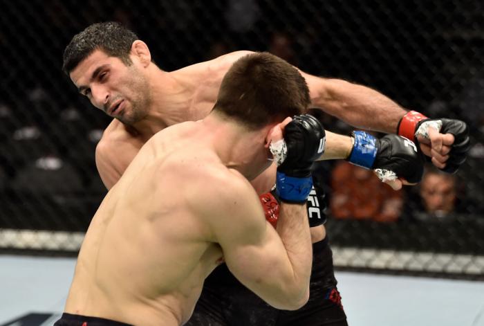 LAS VEGAS, NV - MARCH 03: Alexander Hernandez knocks out Beneil Dariush of Iran in their lightweight bout during the UFC 222 event inside T-Mobile Arena on March 3, 2018 in Las Vegas, Nevada. (Photo by Jeff Bottari/Zuffa LLC)
