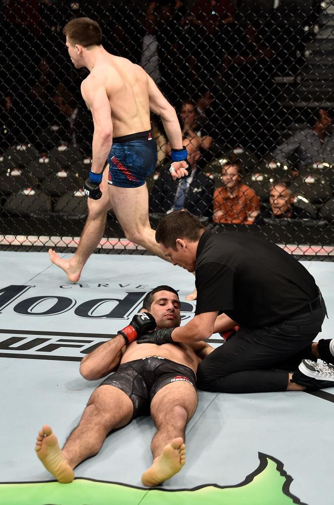 LAS VEGAS, NV - MARCH 03: Alexander Hernandez celebrates his knockout victory over Beneil Dariush of Iran in their lightweight bout during the UFC 222 event inside T-Mobile Arena on March 3, 2018 in Las Vegas, Nevada. (Photo by Jeff Bottari/Zuffa LLC/Zuf